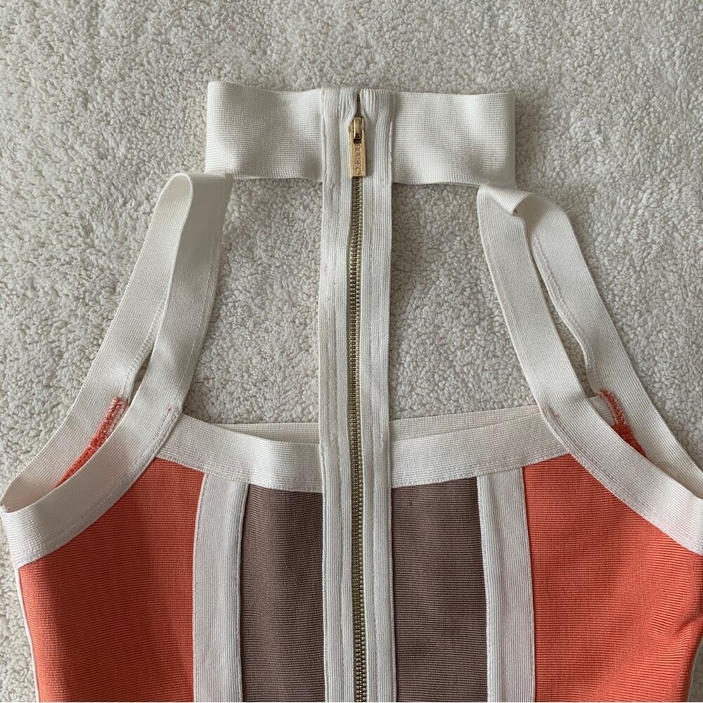 HOUSE OF CB Shah Bodycon Sexy Cut Out Orange Brown White Stripe Strap Mini Dress - Picture 5 of 12